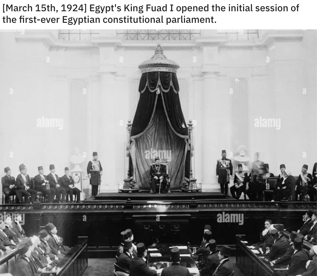 monochrome photography - March 15th, 1924 Egypt's King Fuad I opened the initial session of the firstever Egyptian constitutional parliament. alamy alamu Mananamanari alamy alamy